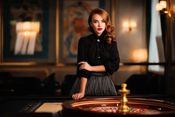 Um dealer confiante cercado por fichas de cassino convidando jogadores a acessar sua conta 63V, refletindo opções de login rápidas e fáceis.